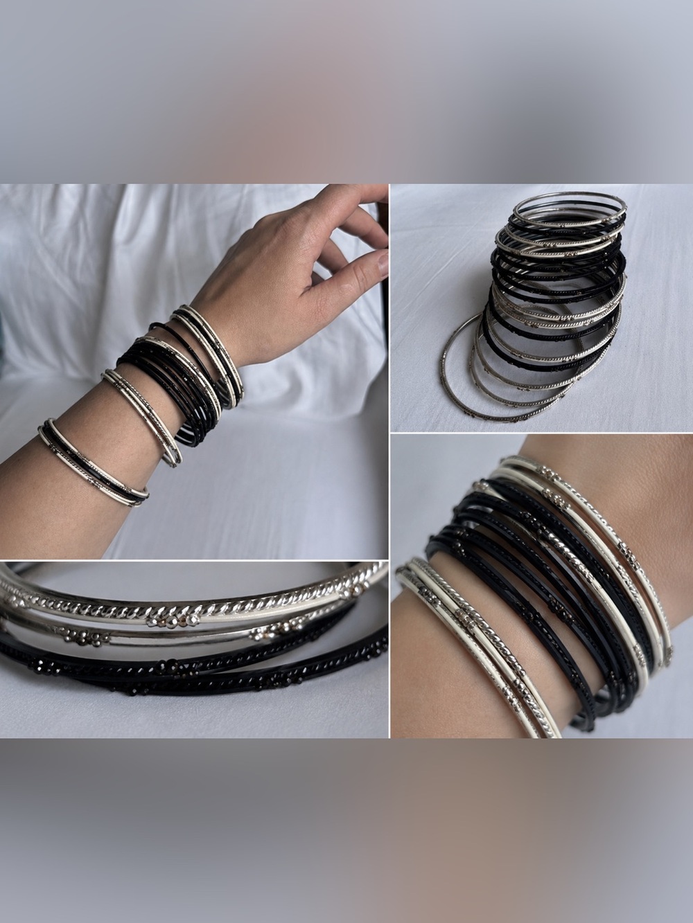 Stackable Black and Silver/White Bangle Bracelet Set - Women Jewelry